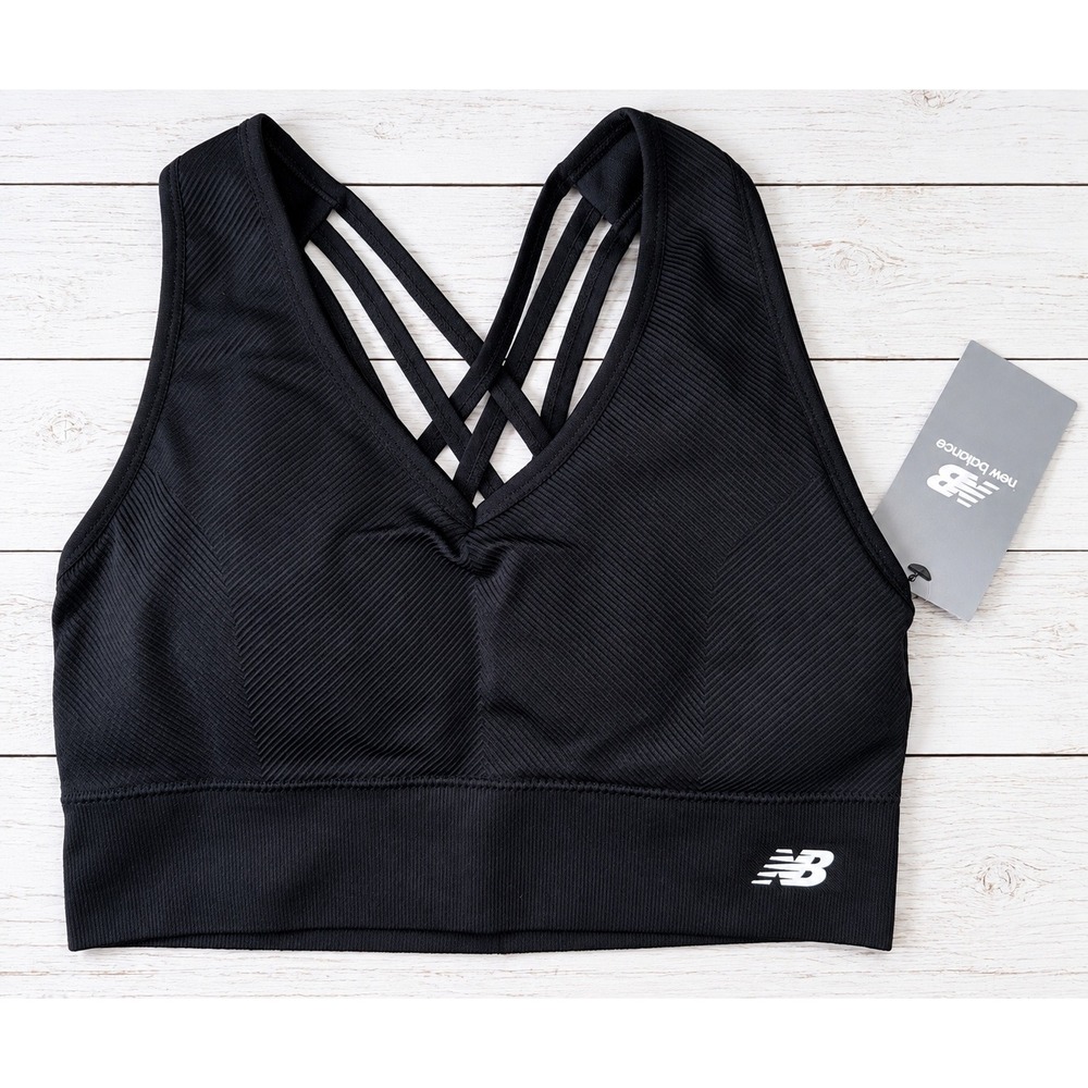 New Balance Sports Bra Strappy Back Ribbed Seamless Athleisure Black Large NWT